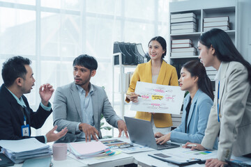 Business Meeting Brainstorming: A diverse group of professionals engage in a productive brainstorming session, collaborating on ideas and strategies.