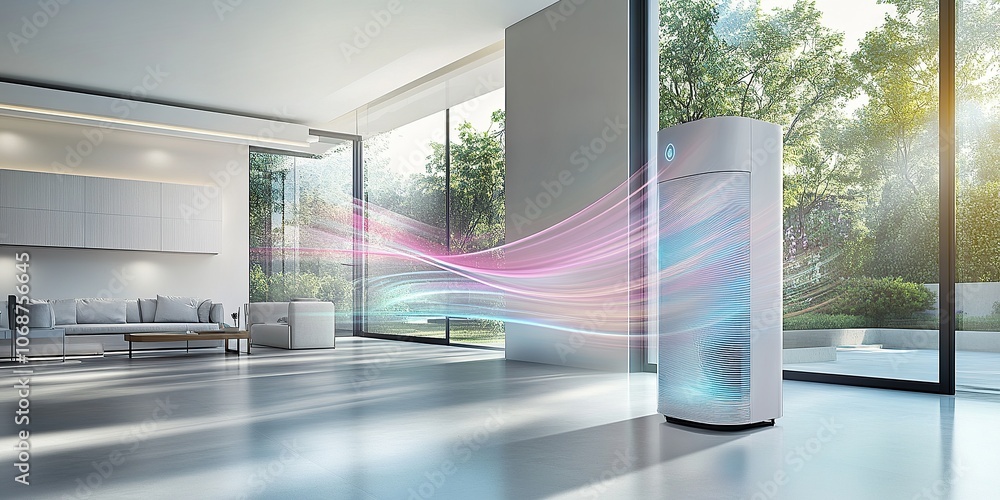 Poster a futuristic air conditioner with a holographic display is situated in an empty room with large wind
