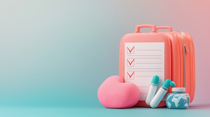 A cute pink suitcase with a checklist, a heart, and bottles, set against a soft gradient background, suggests organization and preparation.