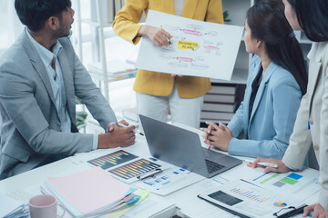 Collaborative Brainstorming: A diverse team of professionals engages in a lively brainstorming session, utilizing a whiteboard and laptop to strategize and generate innovative ideas.  