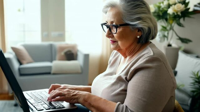 Elderly woman types on laptop. Cozy atmosphere home. Tech connection. Technology bridging generations. Grandma communicate children, aging, everyday life. Old grandmother person with modern computer.