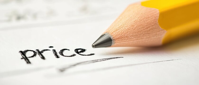 A close-up of a pencil writing the word "price" on paper, emphasizing the importance of pricing in transactions or budgeting.