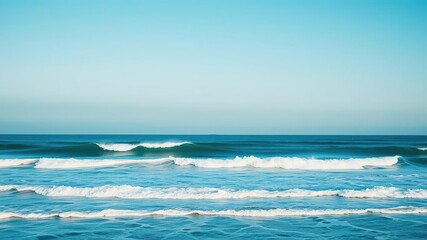 Fototapeta premium Dreamy ocean scene with a light blue and green gradient sky and waves crashing against the shore, conveying a sense of vastness and freedom, sky, serene, horizon