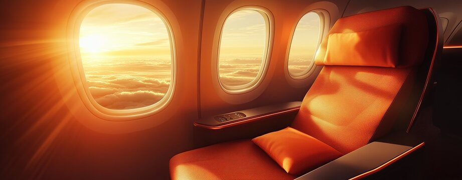 A first-class seat on an airplane, a sunset outside the window, an orange and brown color scheme