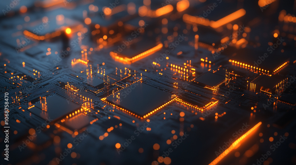 Poster glowing circuitry with intricate patterns and vibrant orange lights in a dark environment