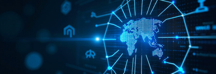 A visual display of a digital world map highlighting global connections through technology and data visualization