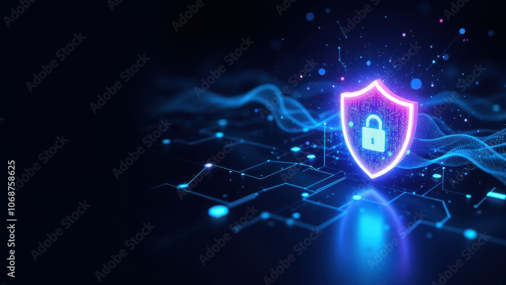 Poster this is a digital art illustration featuring cybersecurity and technology themes with glowing cyber 