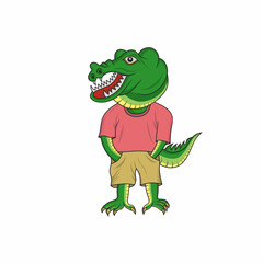 Vector design of a cheerful cartoon crocodile wearing a pink t-shirt and beige shorts,standing casually. This illustration combines humor and creativity, perfect for fun designs and children's content