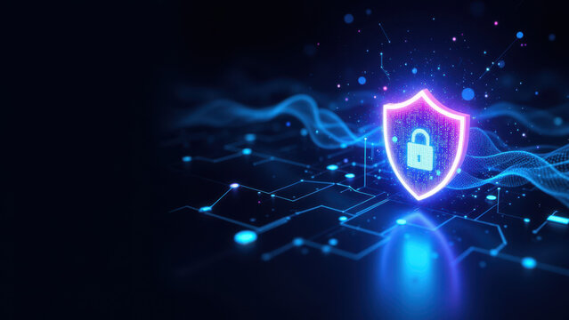 This is a digital art illustration featuring cybersecurity and technology themes with glowing cyber elements and a shield icon at its center.