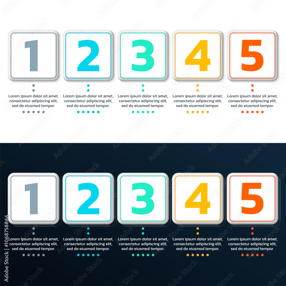 Poster 5 step infographic with five numbers and 3d square shapes. timeline, business process, presentation,