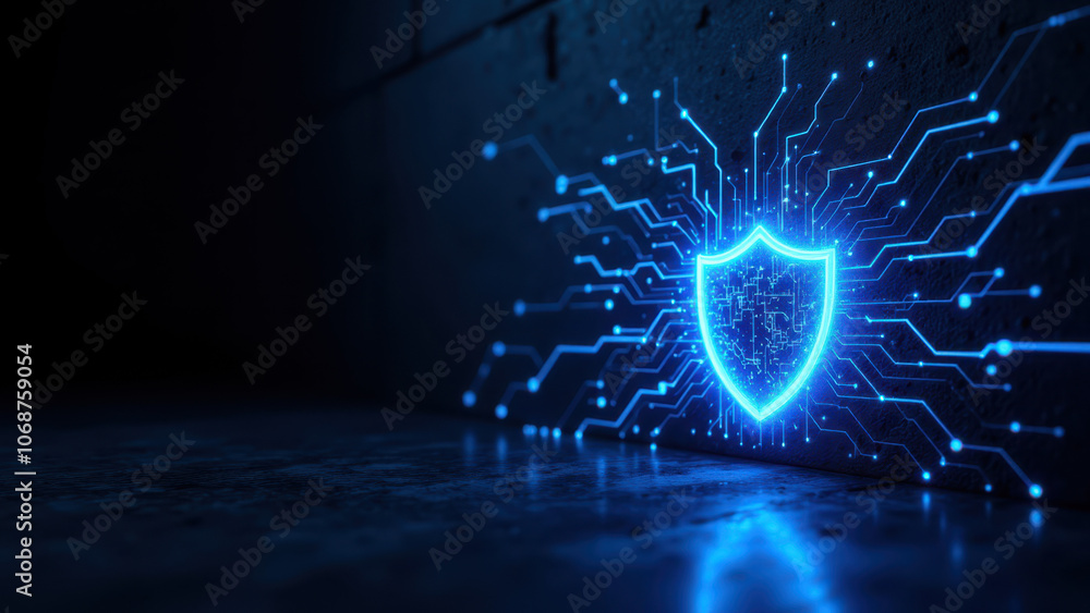 Poster a stylized depiction of a cybersecurity shield with digital grid and glowing elements.