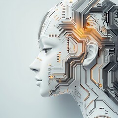 A woman's face is made of electronic circuitry