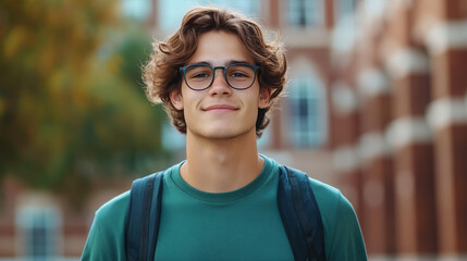 Fototapeta premium A young man with curly hair and glasses smiles confidently. His casual attire and friendly expression create welcoming atmosphere.