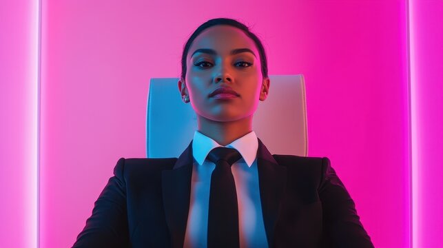A confident individual in a suit sits in front of pink neon lights, exuding power and determination.