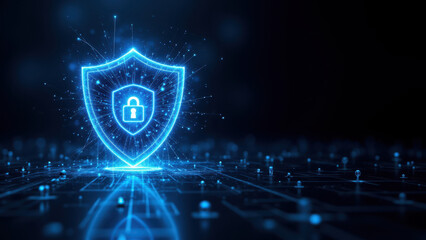 Blue cyber security lock symbol with digital connections and data flow.