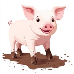 Fototapeta premium Cute Cartoon Pig in Muddy Illustration