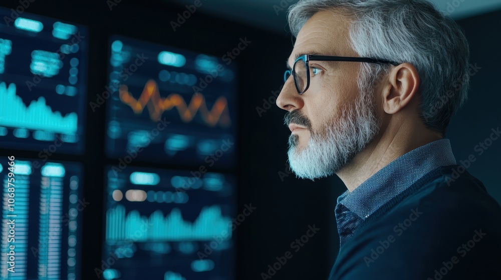 Poster a focused professional analyzes financial data displayed on multiple screens, reflecting insights in