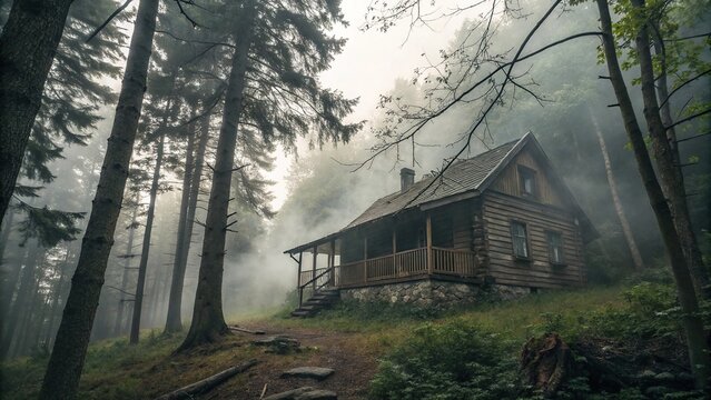 Trees seem to close in around the cabin as if trying to conceal it from view with thick fog swirling around its base and snaking up its wooden sides, twisted tree limbs, foggy forest, nighttime