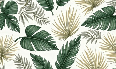 Tropical leaves pattern botanical illustration muted green