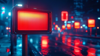 Obraz premium Glowing street signs reflecting off glass windows, urban night scene, 3D illustration