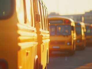 Event parking for school buses, the main yellow bus in focus with other buses slightly blurred, under a sunny, clear sky for a cheerful atmosphere