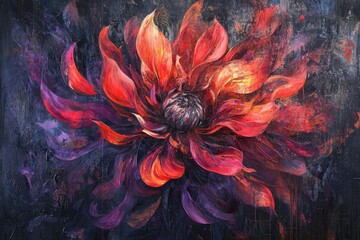 Fototapeta premium A dahlia in vibrant hues of red and purple, petals swirling in abstract, fluid motion on a dark, textured background