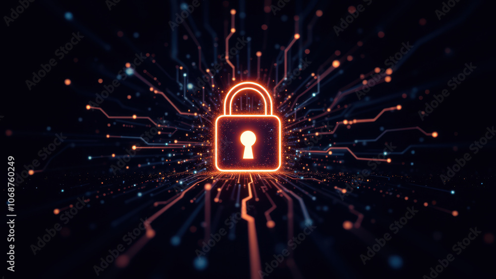 Poster a digital lock surrounded by glowing blue and orange circuitry, symbolizing computer security and en
