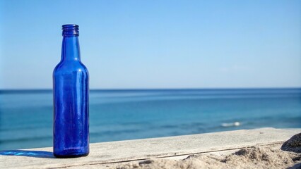 Against a serene blue expanse, a sturdy blue glass bottle appears as a sturdy sentinel, its simple form and color providing a sense of balance to the surrounding environment, 