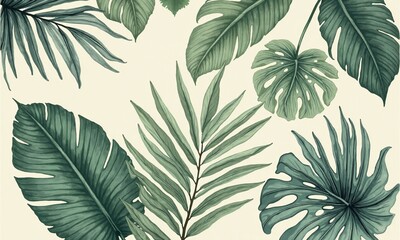 Tropical leaves pattern botanical illustration muted green