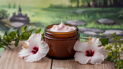 Photo of a jar made of transparent amber glass filled with a delicate pink moisturizer made from hibiscus flowers. Commercial photo.