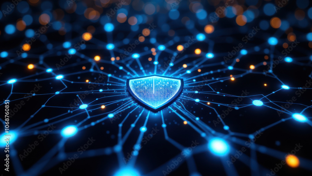 Poster a detailed and futuristic representation of a network security system with a strong shield icon at i