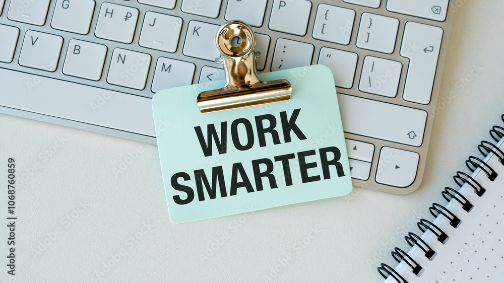 Poster work smarter text on sticker on keyboard with notepad on white table