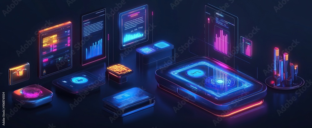 Poster a digital illustration of an ai product, with holographic displays showing data and graphs on one si