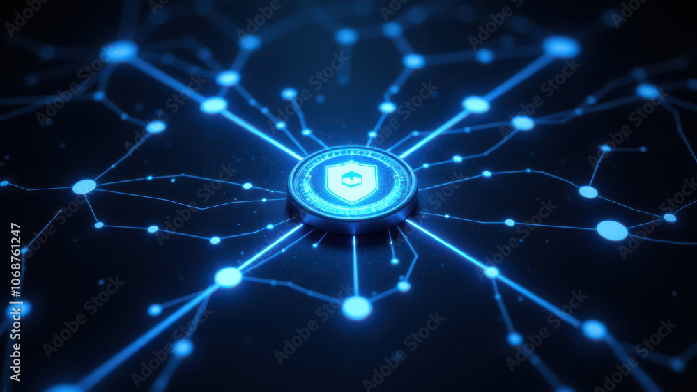 Poster a digital illustration of a computer network with a glowing blue lock, symbolizing cyber security an