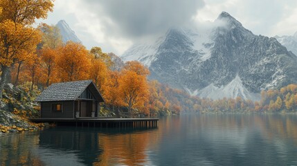 A cozy cabin sits on a lake with fall foliage and snow-capped mountains in the background.