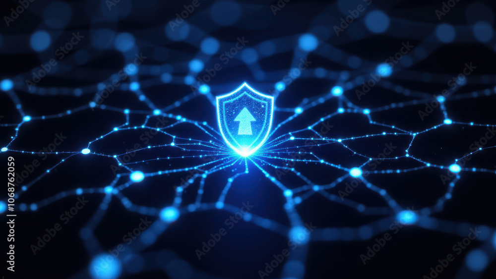 Poster animated graphic representing a cybersecurity network with a blue shield icon at its center, symboli