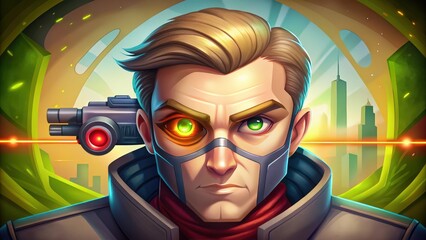 A Cybernetically Enhanced Man with a Laser Rifle in a Futuristic City