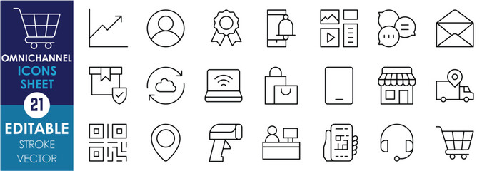 A set of line icons related to Omnichannel. User, shopping, customer care, delivery, scan, package, storefront, social media, and so on. Vector editable stroke.