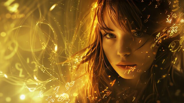 Enchanting image of a mystical girl surrounded by flowing numbers and numerological symbols
