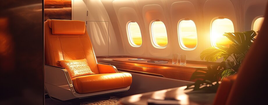 A first-class seat on an airplane, a sunset outside the window, an orange and brown color scheme