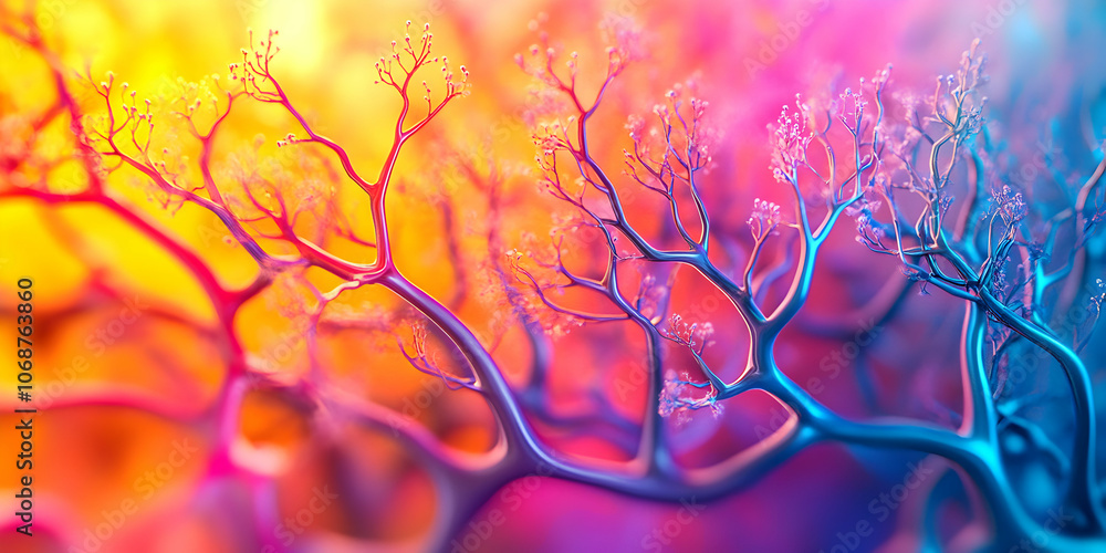 Poster abstract 3d render of shiny branching structure with vivid colors and blurred background