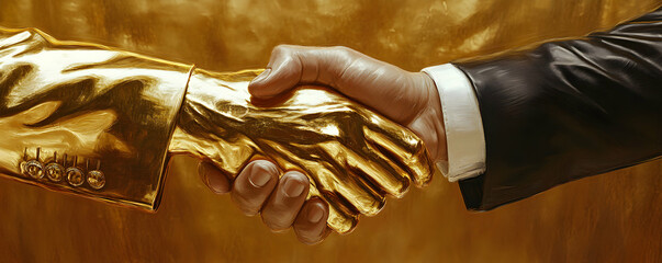 A Golden Handshake in a Painting Style, Depicting a Contract or Agreement Between Two Individuals