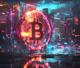 Bitcoin symbol shines in a vibrant neon city.