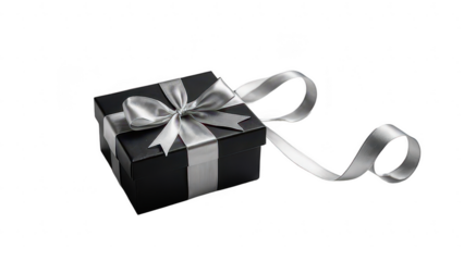 Black gift box with silver ribbon, on white background, PNG, transparent, isolated, on transparent background, no background