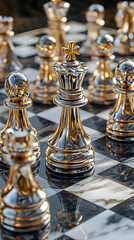 A Close-Up of a Golden Chess Queen Standing on a Marble Chessboard, Surrounded by Other Chess Pieces