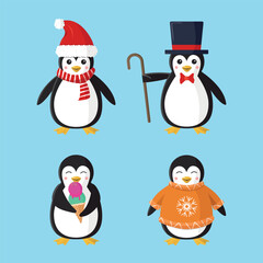 Set of cute penguin icons on blue background.