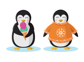 Cute penguin with ice cream and penguin in winter sweater. Vector illustration in cartoon style.