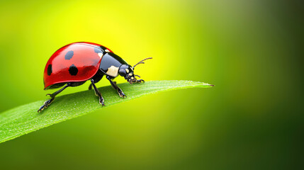 Fototapeta premium macro shot of ladybug on green leaf, showcasing its vibrant red color and black spots, surrounded by soft green background