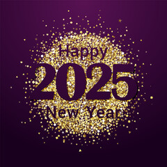 Sweet congratulations on the New Year 2025 with decorative golden ball. Square greeting card. Christmas decoration creative concept. Shiny gold backdrop. Xmas gift box design. Season's greetings card.