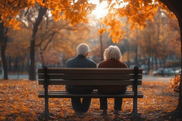 Elderly couple enjoying golden autumn day in park